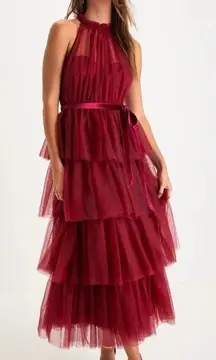 LULU’S Wondrous Glamour Wine Red Tulle Tiered Halter Midi Dress