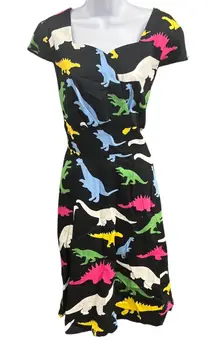 Dinosaur Print Dress Black Cotton Blend Square Neck Short Sleeve Casual Large‎