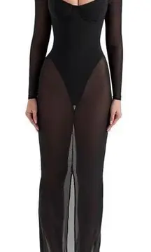 House of CB Everly Long Sheer Dress - Black Mesh Maxi Dress with Bodysuit 🖤