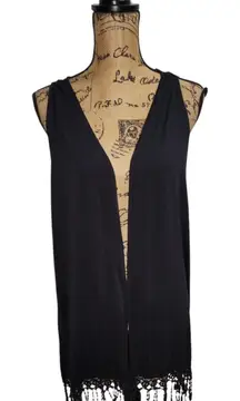 New Directions Fringe Vest Sleeveless Lace Back Cover Up Black Size‎ L