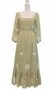 Soft Sorroundings Green Embroidered Cottagecore Praire Square Neckline Dress