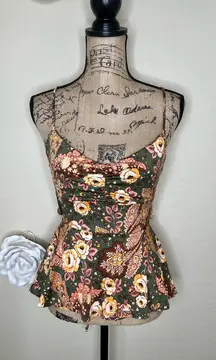 Lily White Spaghetti Straps Open Back Green Floral Peplum Tank Top Sz M