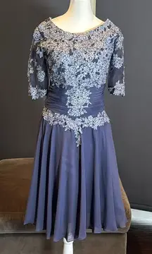 Women’s Short Blue Chiffon Prom Party Dress with Floral Detail Zip Back Size S