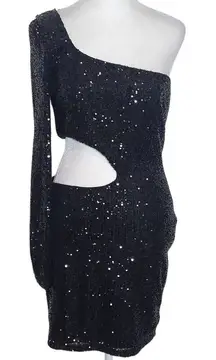 Windsor Black Sequin One Shoulder Bodycon Mini Dress with Cutout NWT Size Large