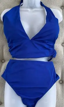 NEW SHEIN Cobalt Blue Ribbed Bikini High Waist Halter 4X