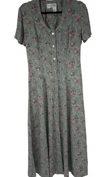 Vintage 90's Floral Print Midi Dress Short Sleeve V-Neck Button Front Size 8