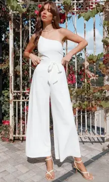 Petal & Pup Leyton White One Shoulder Wide Leg Belted Jumpsuit 4