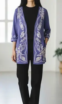 Short Open Front Cardigan Size S Blue Floral Embroidered 100% Linen 3/4-Sleeve