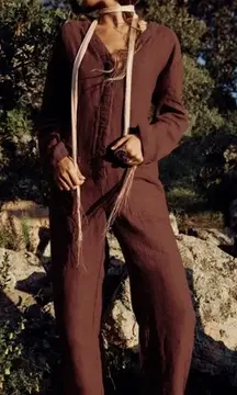 NWT Zara 100% Linen Brown Jumpsuit The Veronica Overall Brown Size Small‎