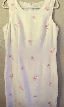 Real Comfort Linen White w/Pink Embroidered Palm  Trees SL Lined Dress Size 12