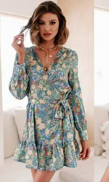 Aakaa Finding My Passion Floral Print Ruffle Wrap Dress Mini Medium Satin