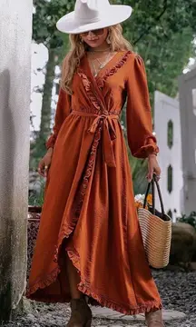 NWT Rust Orange Faux Wrap Ruffled Long Sleeve Maxi Dress Medium Women’s Fall