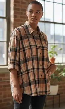 SPORT SAVVY Womens 2X Plaid Button Up Shirt Silk Cotton Blend Orange Black