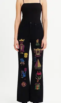 MOTHER Black Embroidered Denim Jeans Owl Cat Pyramid Egyptian Motif High Rise