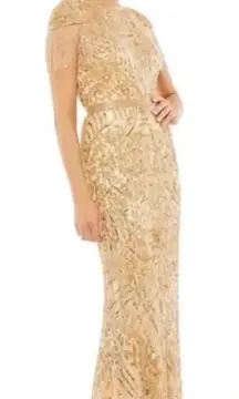 Mac Duggal 4715 Size 4 Embellished Fringe Cap Sleeve Trumpet Gown, Light Gold
