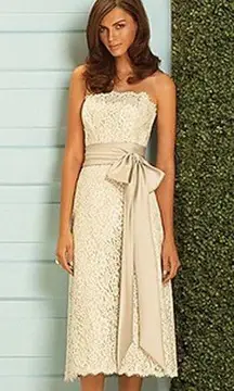 Dessy formal lace strapless bridesmaid dress long sash bow ivory 12