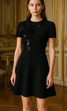 Valentino Black Embellished Short Crepe Couture Dress Size 14