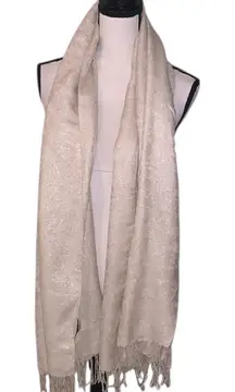 RSVP Sparkly Cream Scarf with Fringe Winter Holiday Gold Sparkles