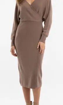 CHERFLY Brown Knit Wrap Midi Dress Batwing Sleeve V Neck Size M
