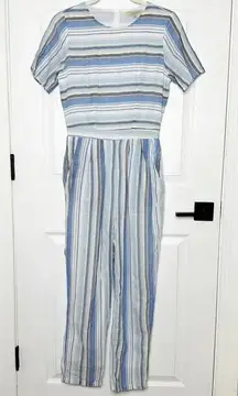 POLAGRAM Size S Blue Gray White Striped‎ Short Sleeve Cropped Jumpsuit Cotton