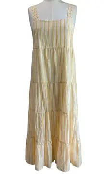 MADEWELL Yellow & White Striped Button-Back Tiered Midi Dress Sz4