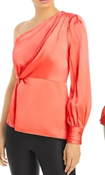 Cinq a Sept Stace One-Shoulder Silk Top in Neon Coral Orange Size Medium‎