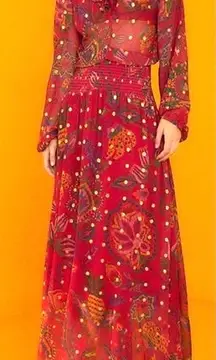 NWT Farm Rio Sunset Tapestry Floral Long Sleeve Boho Maxi Dress Warm Red Size XS
