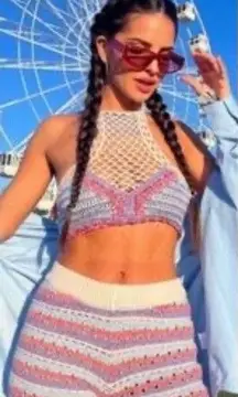 Zara crochet halter cropped top lavender pink cream boho open back high neck