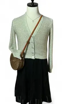 Sequin Cardigan Skirt Beige Sparkly Shimmery Top Outfit with Calvin‎ Klein Skirt