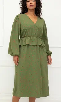 ELOQUII Elements Plus Size Sage Green Mixed Print Midi Dress Peplum Size 14 NWT