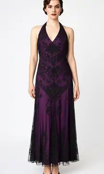 1920s-Inspired Black Beaded Tulle & Purple Halter Gatsby Formal Dress  X Small