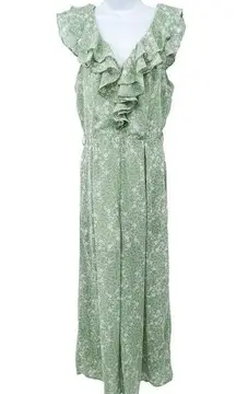 Listicle Floral Print Chiffon Ruffle Wide Leg V-Neck Jumpsuit Green Medium