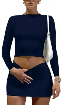 Two Piece Set- Long Sleeved Crop Top And Mini Skirt