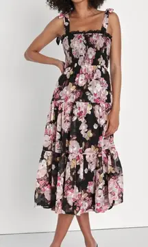 Lulus Wowing Wonder Black Floral Jacquard Smocked Tie-Strap Tiered‎ Midi Dress