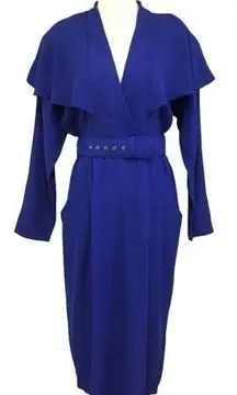 VINTAGE 80s Royal Blue Golden Girls Dress Big Cape Collar Long Sleeves Size 6