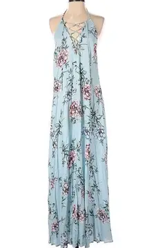 Show Me Your Mumu “ Logan” Dress Baby Blue Floral Crisscross Lace Up Halter Maxi