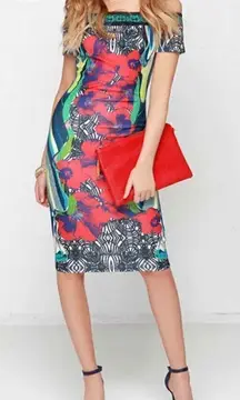 Jealous Tomato Tropical Print Bodycon Sheath Dress Red Blue Small Off Shoulder