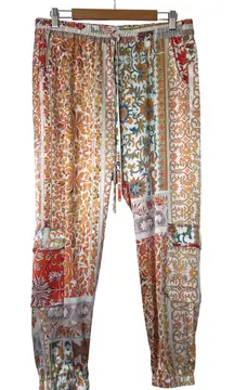 Johnny Was BIYA Melino Silk Blend Patchwork Print Jogger Pants M Orange