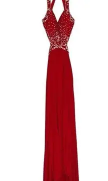 Jaaz Couture Red Rhinestone Sequin Long Train Cutout Open Back Formal Dress 10