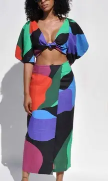 MARA HOFFMAN Raya Tie Front Cropped Top & Sunja Skirt Set Multicolor Size 2