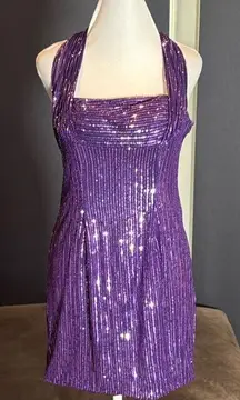 Women’s Purple Fully Sequined Short Prom Party Dress Halter Neck Size 8 NEW