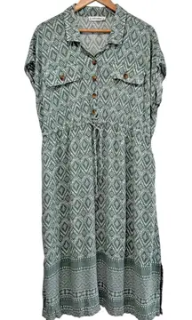Lucky Brand Short Sleeve Midi Shirt Dress Sz 1X Pockets Rayon Green Garden Party