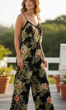 Xhilaration Black Tropical Floral Smocked Jumpsuit Wide Leg Women's Large