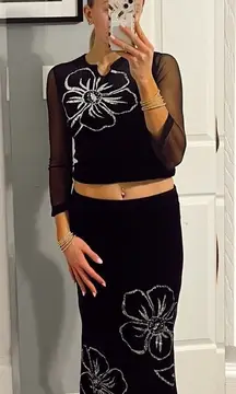 Y2K Black Silver Floral 2 Piece Skirt Set