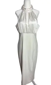 Cinq à Sept Emerie Halter White Satin Bridal Midi Dress‎ Size 10 Women's