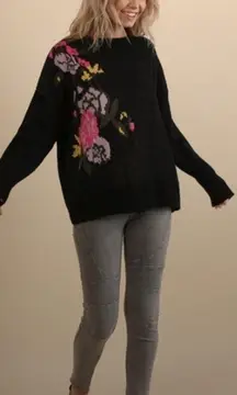 Umgee Floral Lace Up Back Sweater