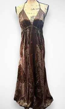 URBAN NOMAD Paisley Halter Satin Backless Maxi Dress Size S/M | EUC