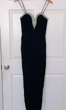 Vintage 80s black velvet strapless beaded fitted prom formal dress