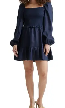 Quince 100% European Linen Smocked Mini Dress Large Navy Blue Puff Sleeves