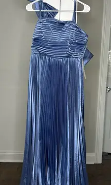 Satin Pleated Sleeveless Bow Maxi Dress Gown Wedding Bridesmaid Blue